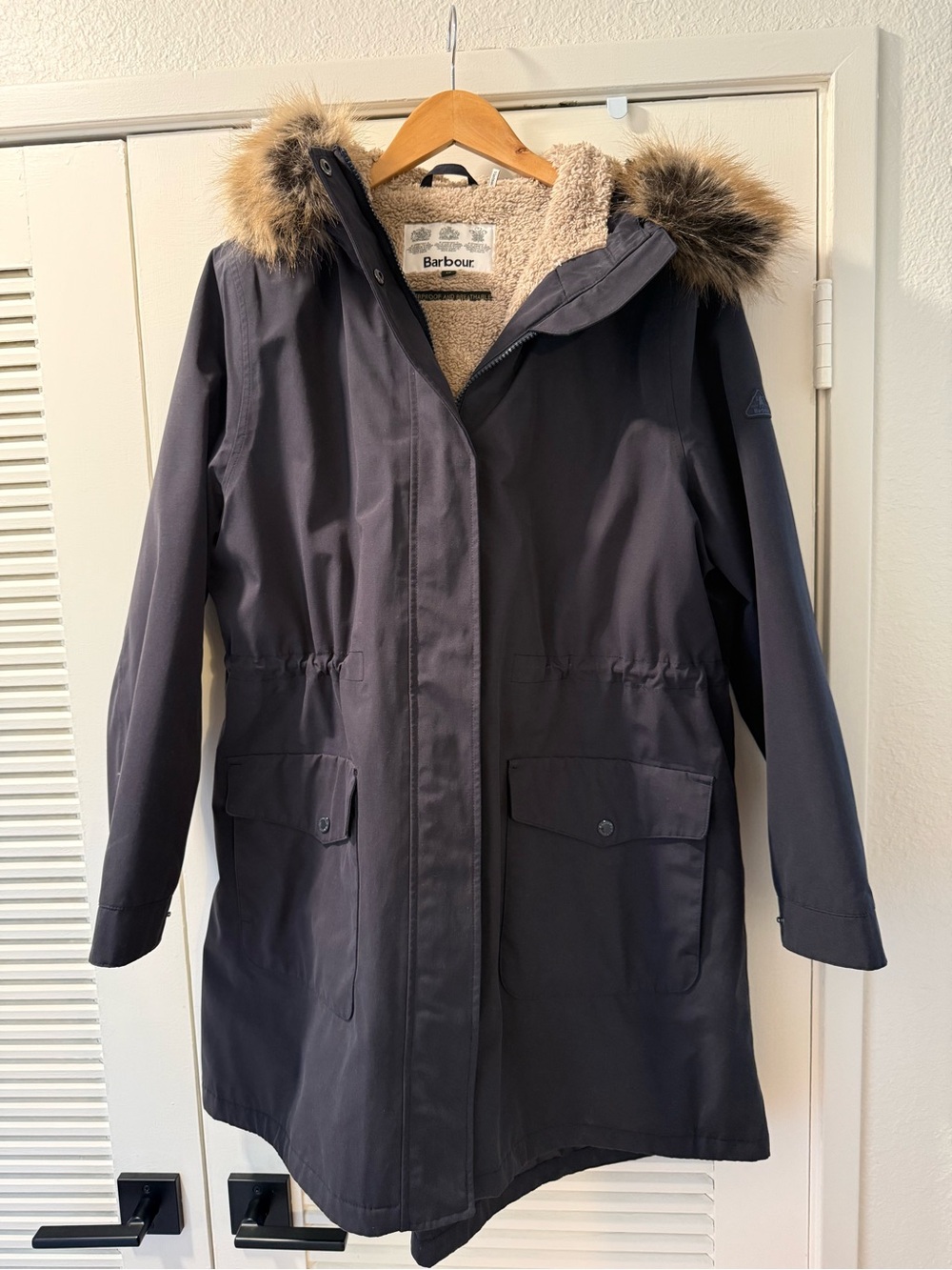 Barbour Navy Puffer Coat with Faux-Fur Trim